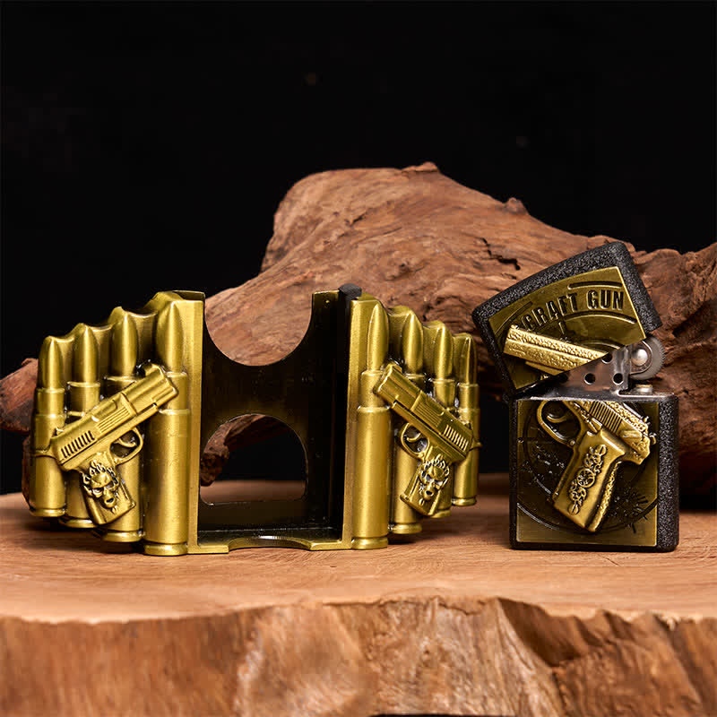 Cinturón de cuero con diseño de pistola y bala de bronce para hombre, con encendedor oculto, hecho a mano - image 2