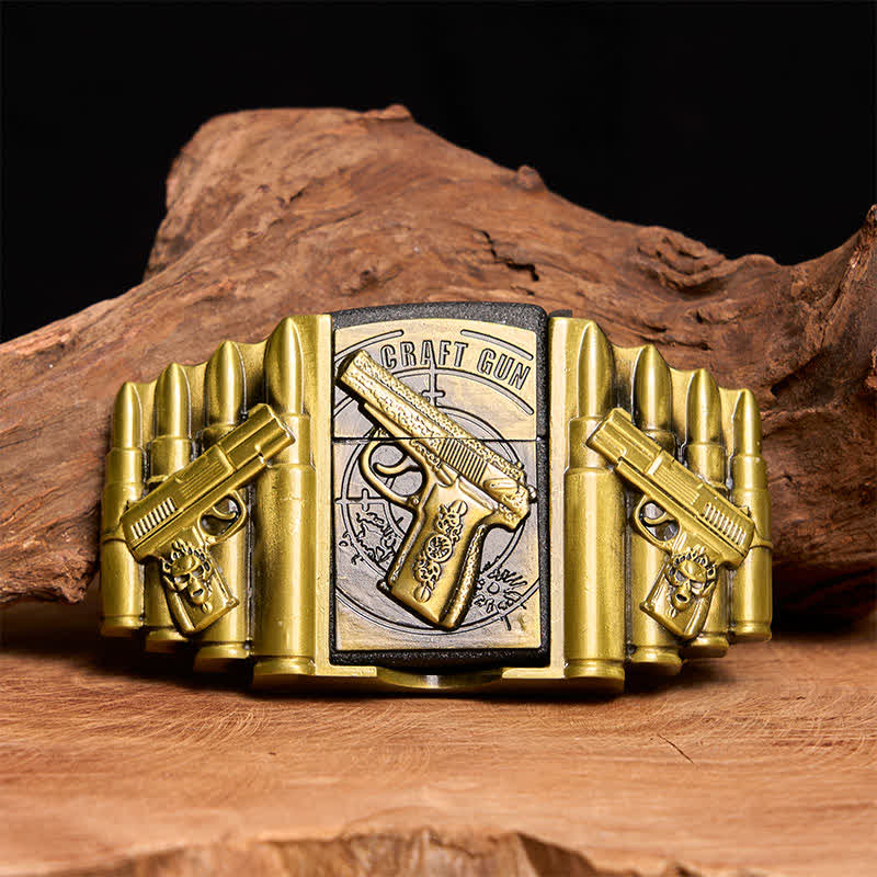 Cinturón de cuero con diseño de pistola y bala de bronce para hombre, con encendedor oculto, hecho a mano - Pistola - Sin cinturón - Cinturón no incluido - image 1