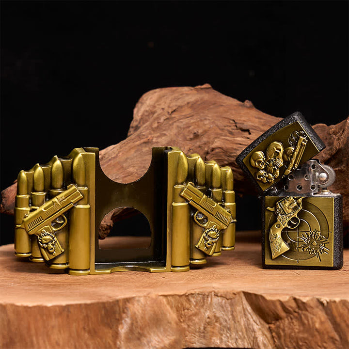 Cinturón de cuero con diseño de calavera y pistola de bronce para hombre, con encendedor oculto, hecho a mano - image 2