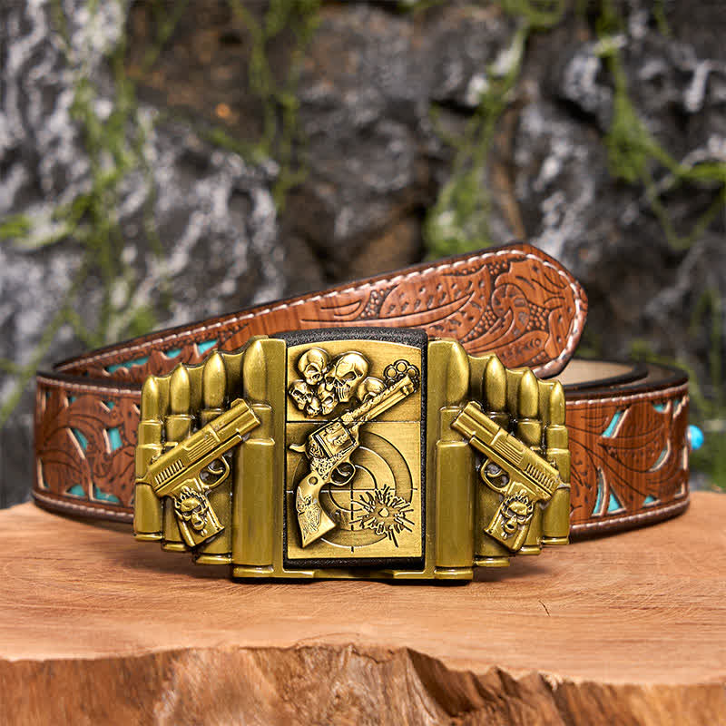 Cinturón de cuero con diseño de calavera y pistola de bronce para hombre, con encendedor oculto, hecho a mano - Pistola y calavera - Cinturón tallado en turquesa - 42 - image 7