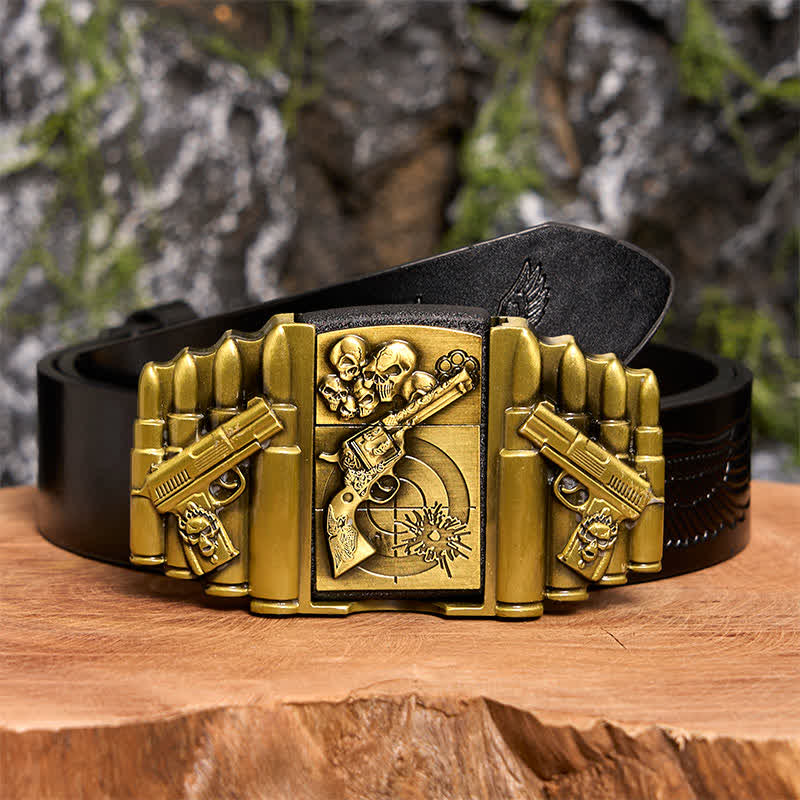 Cinturón de cuero con diseño de calavera y pistola de bronce para hombre, con encendedor oculto, hecho a mano - Pistola y calavera - Cinturón de águila negra en relieve - 42 - image 3
