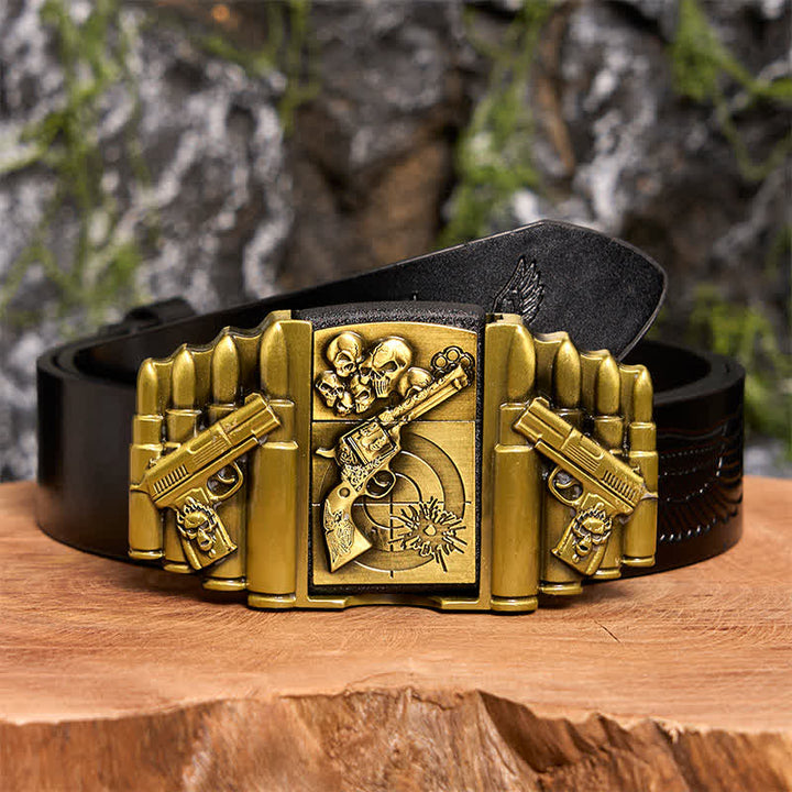 Cinturón de cuero con diseño de calavera y pistola de bronce para hombre, con encendedor oculto, hecho a mano - Pistola y calavera - Cinturón de águila negra en relieve - 42 - image 3