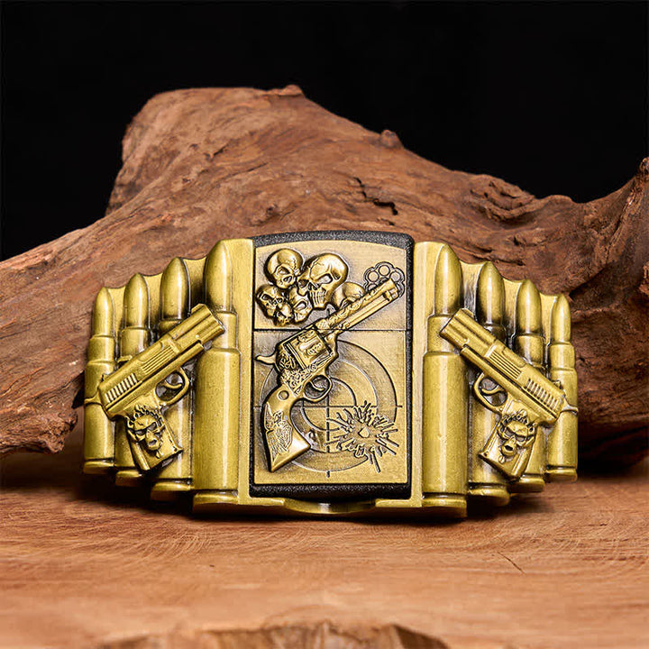 Cinturón de cuero con diseño de calavera y pistola de bronce para hombre, con encendedor oculto, hecho a mano - Pistola y calavera - Sin cinturón - Cinturón no incluido - image 1