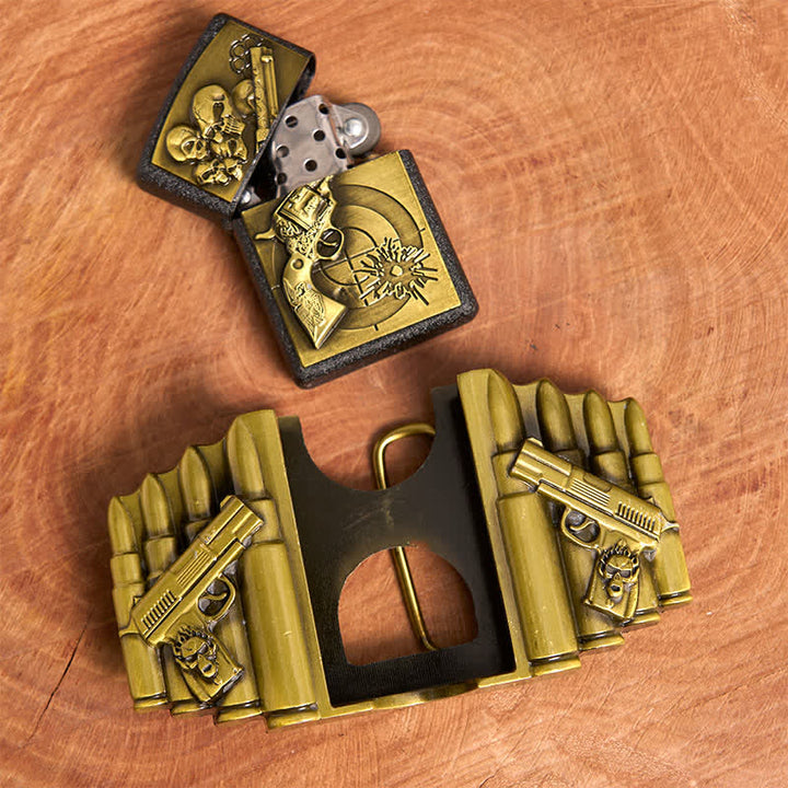 Cinturón de cuero con diseño de calavera y pistola de bronce para hombre, con encendedor oculto, hecho a mano - image 6