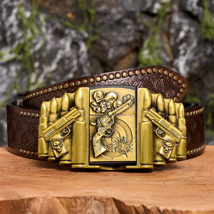 Cinturón de cuero con diseño de calavera y pistola de bronce para hombre, con encendedor oculto, hecho a mano - Pistola y calavera - Cinturón con remaches marrones - 42 - image 8