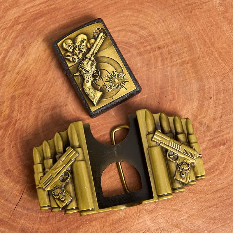 Cinturón de cuero con diseño de calavera y pistola de bronce para hombre, con encendedor oculto, hecho a mano - image 5