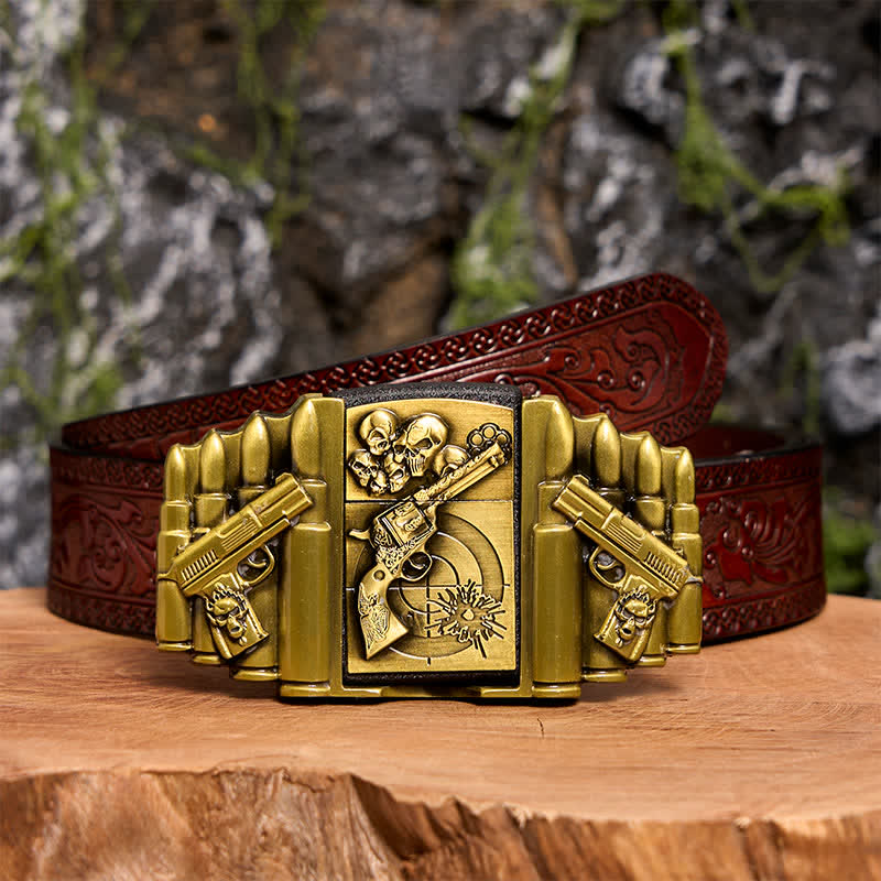 Cinturón de cuero con diseño de calavera y pistola de bronce para hombre, con encendedor oculto, hecho a mano - Pistola y calavera - Cinturón tallado marrón - 42 - image 10