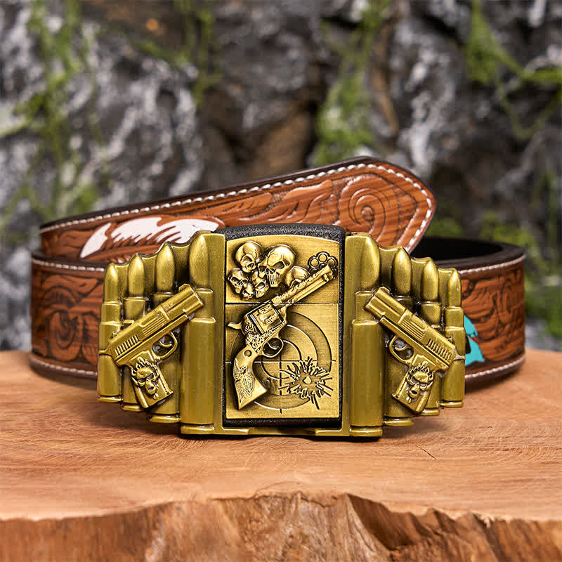 Cinturón de cuero con diseño de calavera y pistola de bronce para hombre, con encendedor oculto, hecho a mano - Pistola y calavera - Cinturón de plumas marrones - 40 - image 11