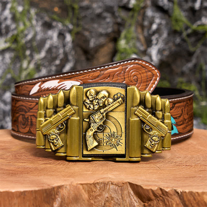 Cinturón de cuero con diseño de calavera y pistola de bronce para hombre, con encendedor oculto, hecho a mano - Pistola y calavera - Cinturón de plumas marrones - 40 - image 11