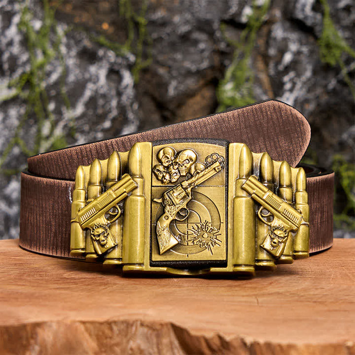 Cinturón de cuero con diseño de calavera y pistola de bronce para hombre, con encendedor oculto, hecho a mano - Pistola y calavera - Cinturón marrón desgastado - 42 - image 9