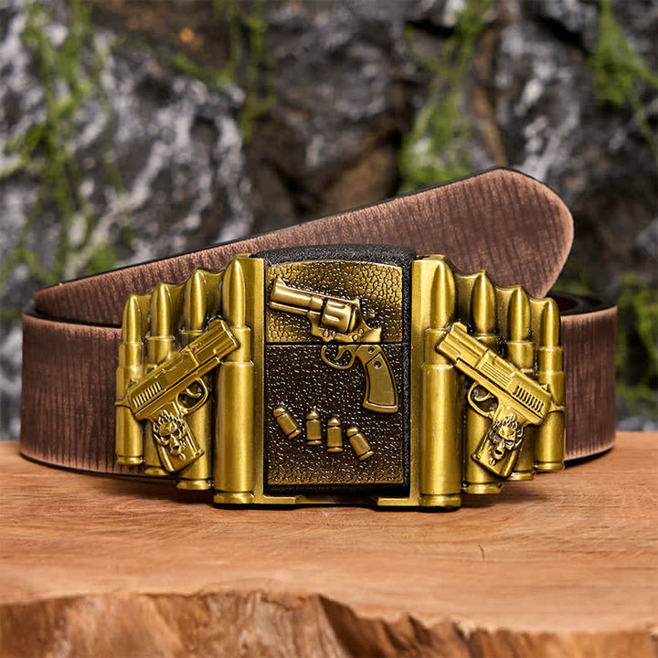 Cinturón de cuero con diseño de pistola cargada de bronce, hecho a mano, para hombre, con encendedor oculto -  Pistola - Cinturón marrón desgastado - 42 - image 9