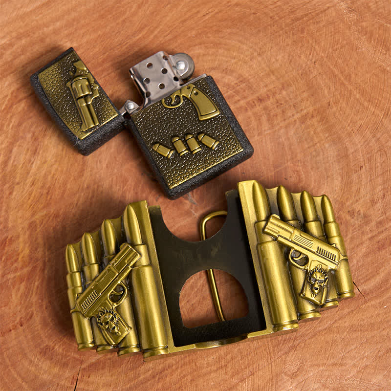 Cinturón de cuero con diseño de pistola cargada de bronce, hecho a mano, para hombre, con encendedor oculto - image 6