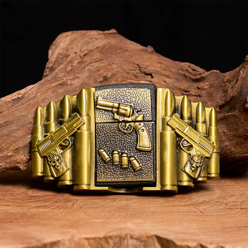 Cinturón de cuero con diseño de pistola cargada de bronce, hecho a mano, para hombre, con encendedor oculto -  Pistola - Sin cinturón - Cinturón no incluido - image 1