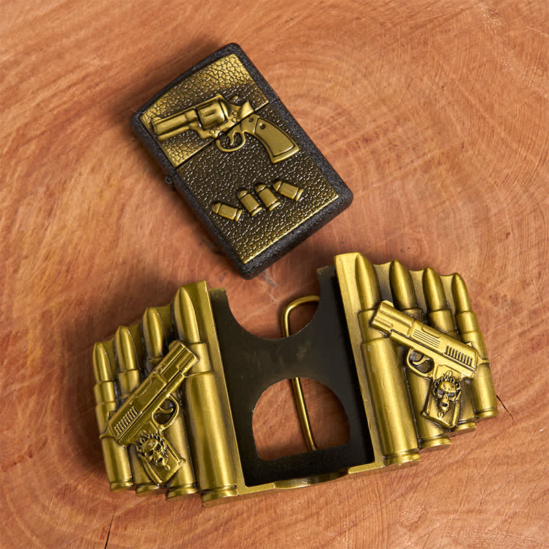 Cinturón de cuero con diseño de pistola cargada de bronce, hecho a mano, para hombre, con encendedor oculto - image 5