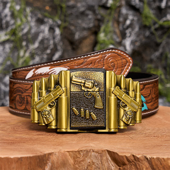 Cinturón de cuero con diseño de pistola cargada de bronce, hecho a mano, para hombre, con encendedor oculto -  Pistola - Cinturón de plumas marrones - 40 - image 11