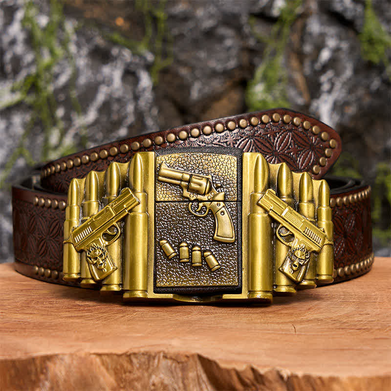 Cinturón de cuero con diseño de pistola cargada de bronce, hecho a mano, para hombre, con encendedor oculto -  Pistola - Cinturón con remaches marrones - 42 - image 8