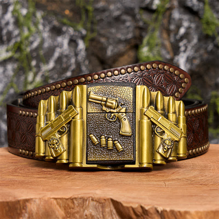 Cinturón de cuero con diseño de pistola cargada de bronce, hecho a mano, para hombre, con encendedor oculto -  Pistola - Cinturón con remaches marrones - 42 - image 8