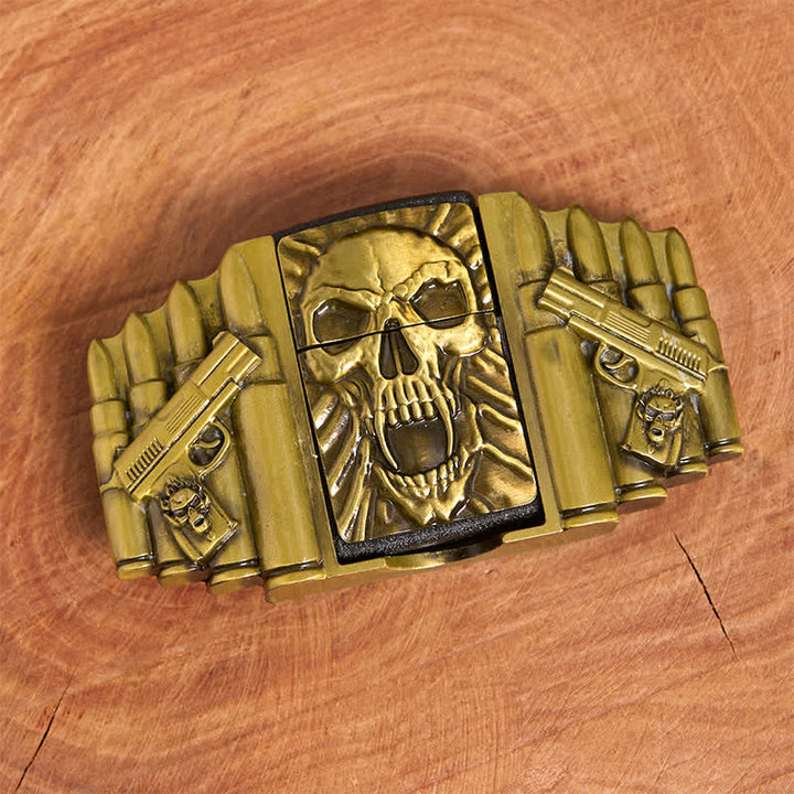 Cinturón de cuero con calavera aterradora de bronce para hombre, hecho a mano, con encendedor oculto - image 4