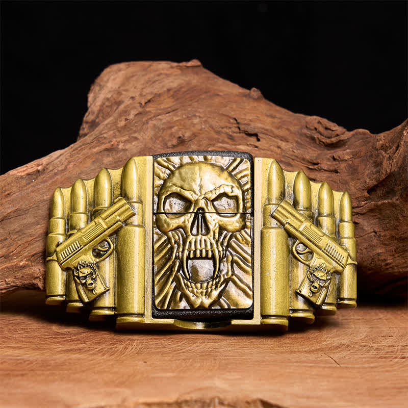 Cinturón de cuero con calavera aterradora de bronce para hombre, hecho a mano, con encendedor oculto - Cabeza de calavera - Sin cinturón - Cinturón no incluido - image 1