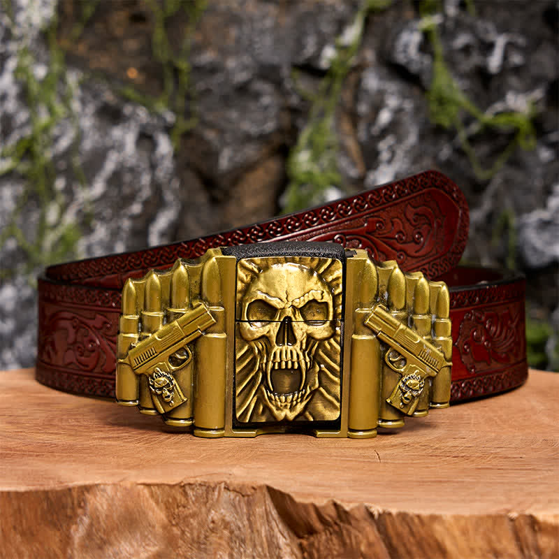 Cinturón de cuero con calavera aterradora de bronce para hombre, hecho a mano, con encendedor oculto - Cabeza de calavera - Cinturón tallado marrón - 42 - image 10