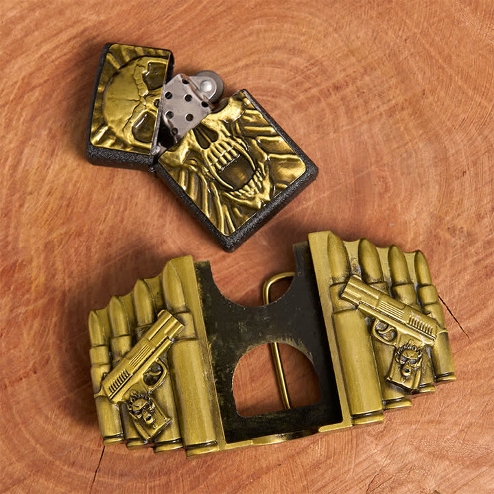 Cinturón de cuero con calavera aterradora de bronce para hombre, hecho a mano, con encendedor oculto - image 6