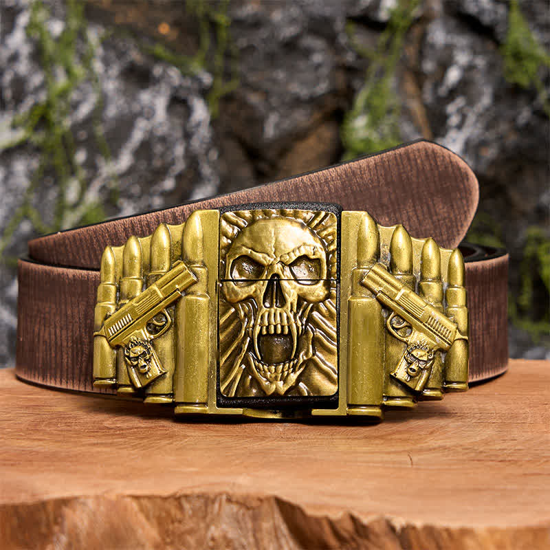 Cinturón de cuero con calavera aterradora de bronce para hombre, hecho a mano, con encendedor oculto - Cabeza de calavera - Cinturón marrón desgastado - 42 - image 9