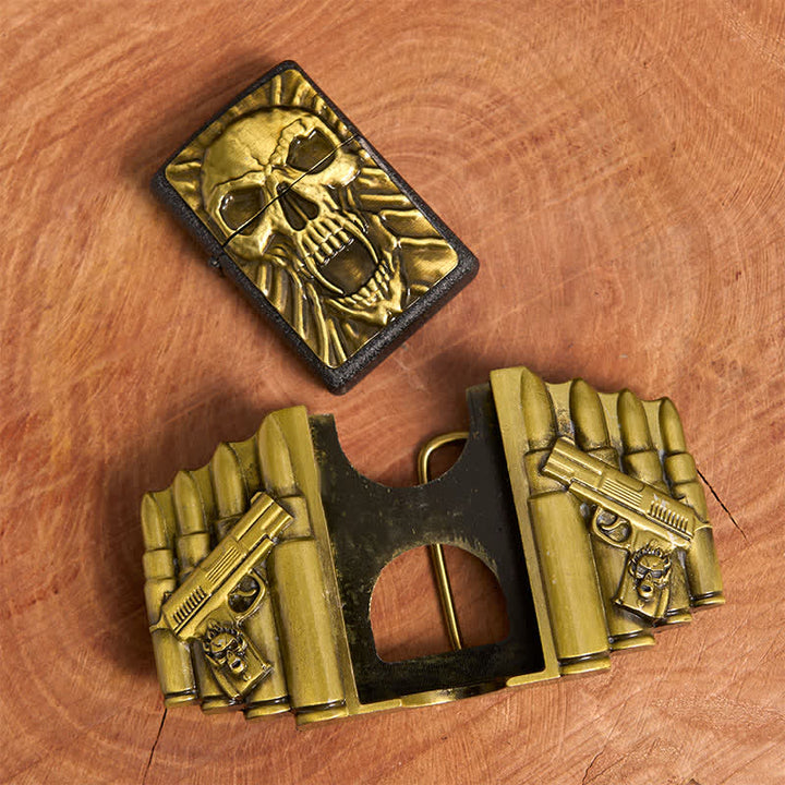 Cinturón de cuero con calavera aterradora de bronce para hombre, hecho a mano, con encendedor oculto - image 5