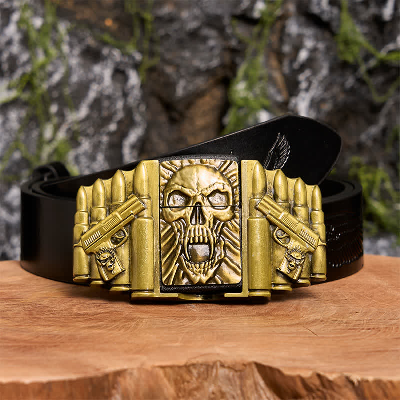 Cinturón de cuero con calavera aterradora de bronce para hombre, hecho a mano, con encendedor oculto - Cabeza de calavera - Cinturón de águila negra en relieve - 42 - image 3