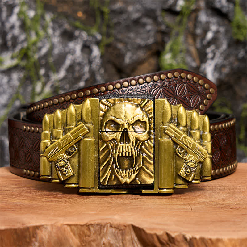 Cinturón de cuero con calavera aterradora de bronce para hombre, hecho a mano, con encendedor oculto - Cabeza de calavera - Cinturón con remaches marrones - 42 - image 8