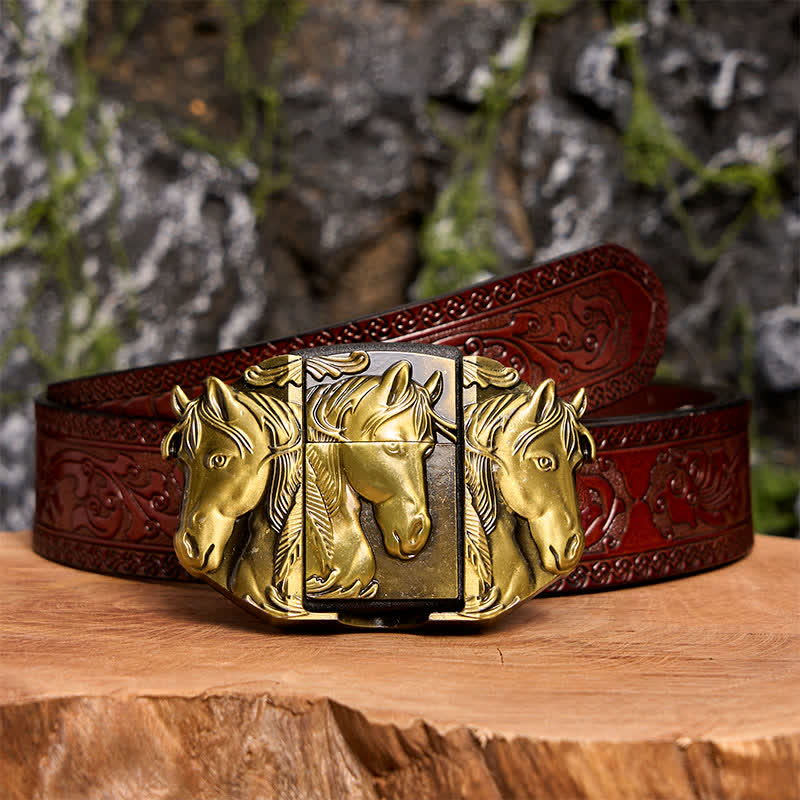 Cinturón de cuero de tres caballos de bronce para hombre con encendedor oculto - Caballos triples - Cinturón tallado marrón - 42 - image 10