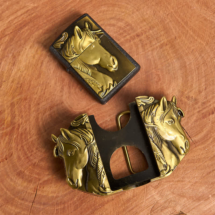 Cinturón de cuero de tres caballos de bronce para hombre con encendedor oculto - image 5