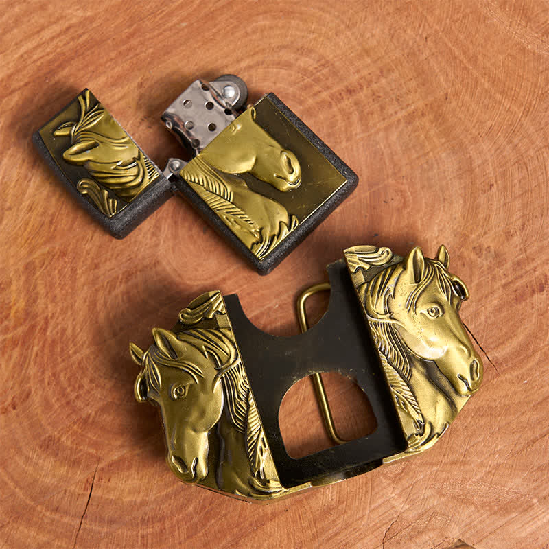 Cinturón de cuero de tres caballos de bronce para hombre con encendedor oculto - image 6