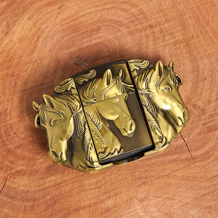 Cinturón de cuero de tres caballos de bronce para hombre con encendedor oculto - image 4
