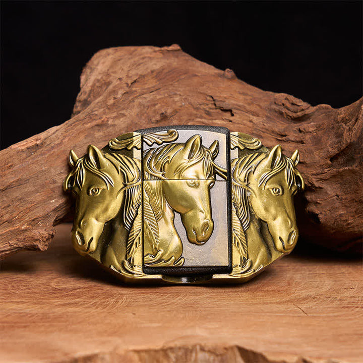 Cinturón de cuero de tres caballos de bronce para hombre con encendedor oculto - Caballos triples - Sin cinturón - Cinturón no incluido - image 1