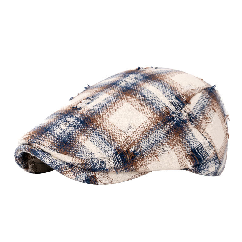 Boina a cuadros vintage con borde roto para otoño e invierno - Beige - Ajustable (22"-24") - image 1