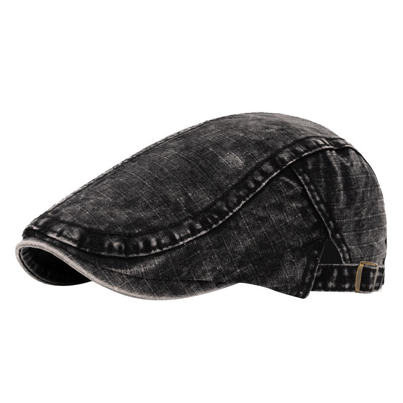 Boina de algodón puro estilo británico lavado para primavera y verano - Negro - Ajustable (22"-24") - image 1