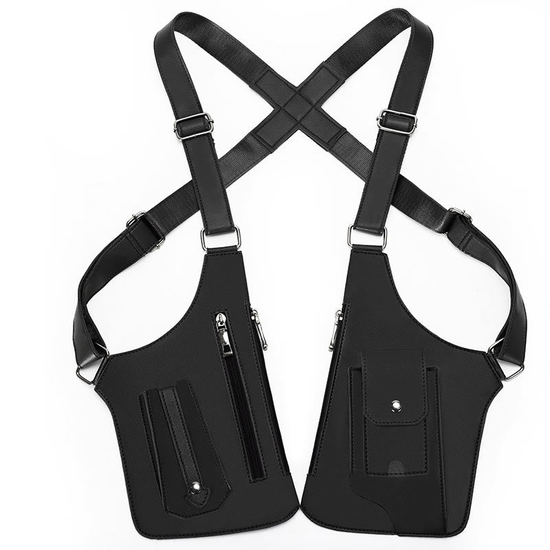 Bolso bandolera de cuero multibolsillos de alta capacidad para exteriores - Negro - image 8