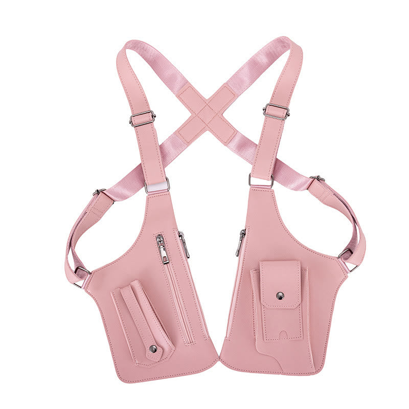 Bolso bandolera de cuero multibolsillos de alta capacidad para exteriores - Rosa - image 13
