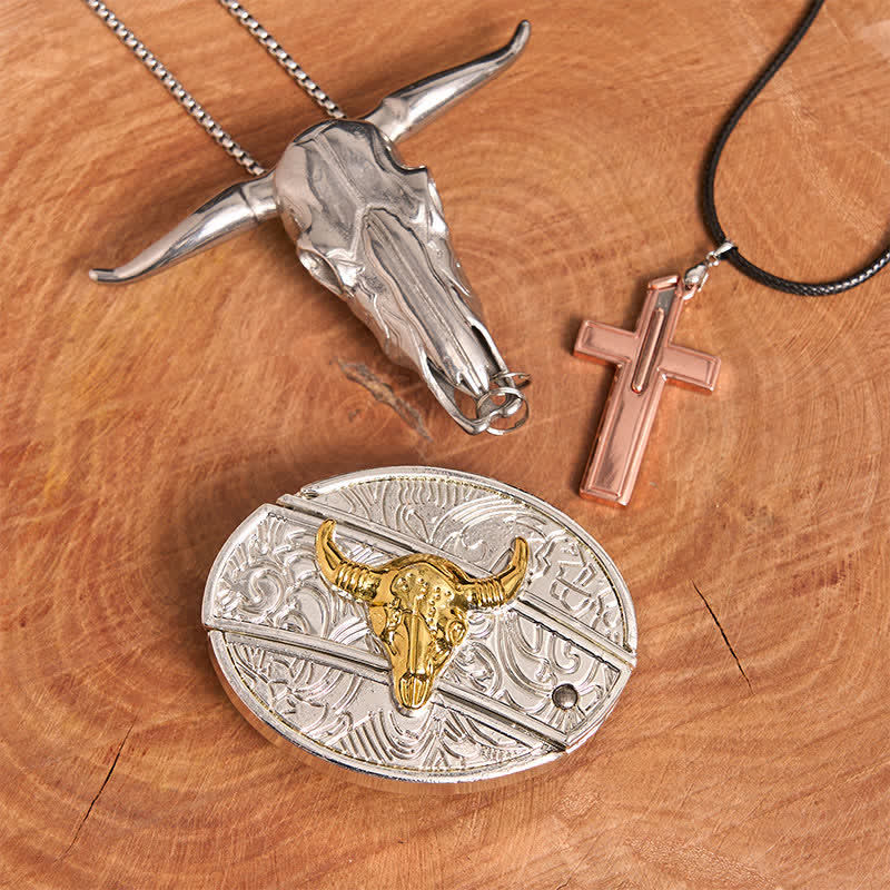 Conjunto de collar y hebilla de cinturón con cruz, cuchillo oculto y toro dorado y plateado - Toro de oro y plata - Sin cinturón - No incluye cinturón - image 2