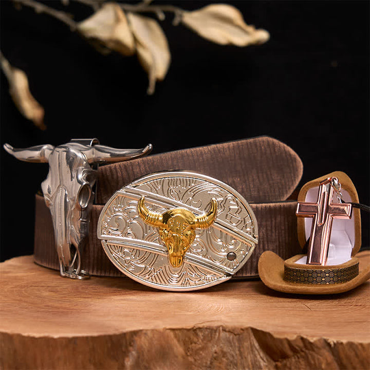 Conjunto de collar y hebilla de cinturón con cruz, cuchillo oculto y toro dorado y plateado - Toro de oro y plata - Cinturón marrón desgastado - 42 - image 6