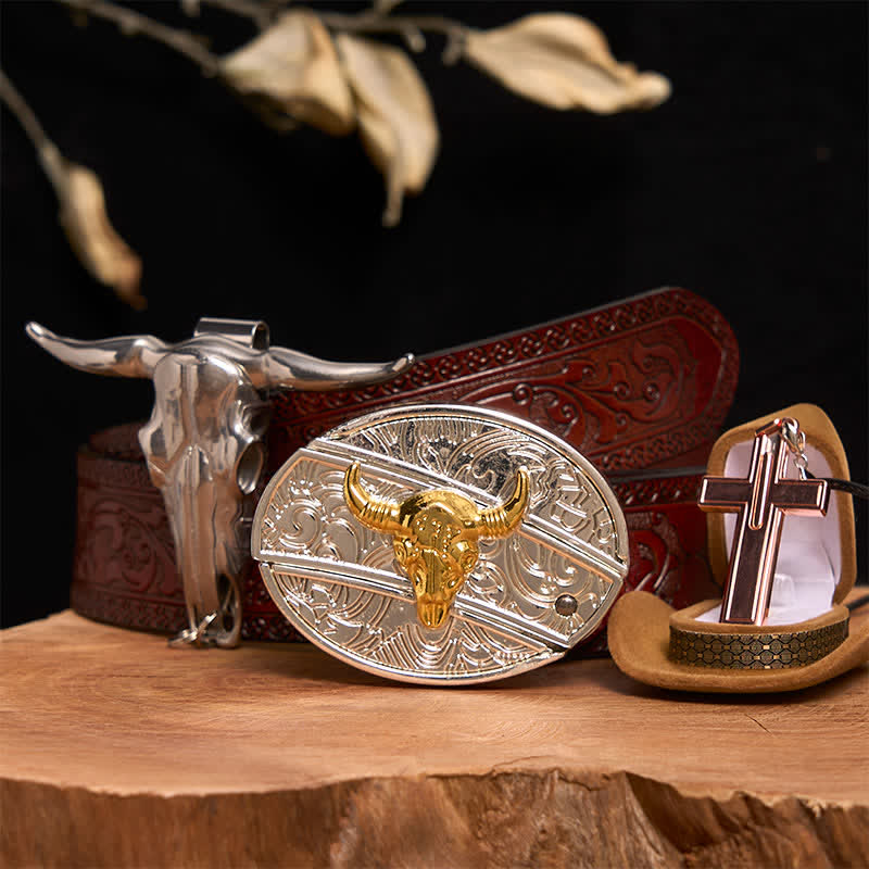 Conjunto de collar y hebilla de cinturón con cruz, cuchillo oculto y toro dorado y plateado - Toro de oro y plata - Cinturón tallado marrón - 42 - image 7