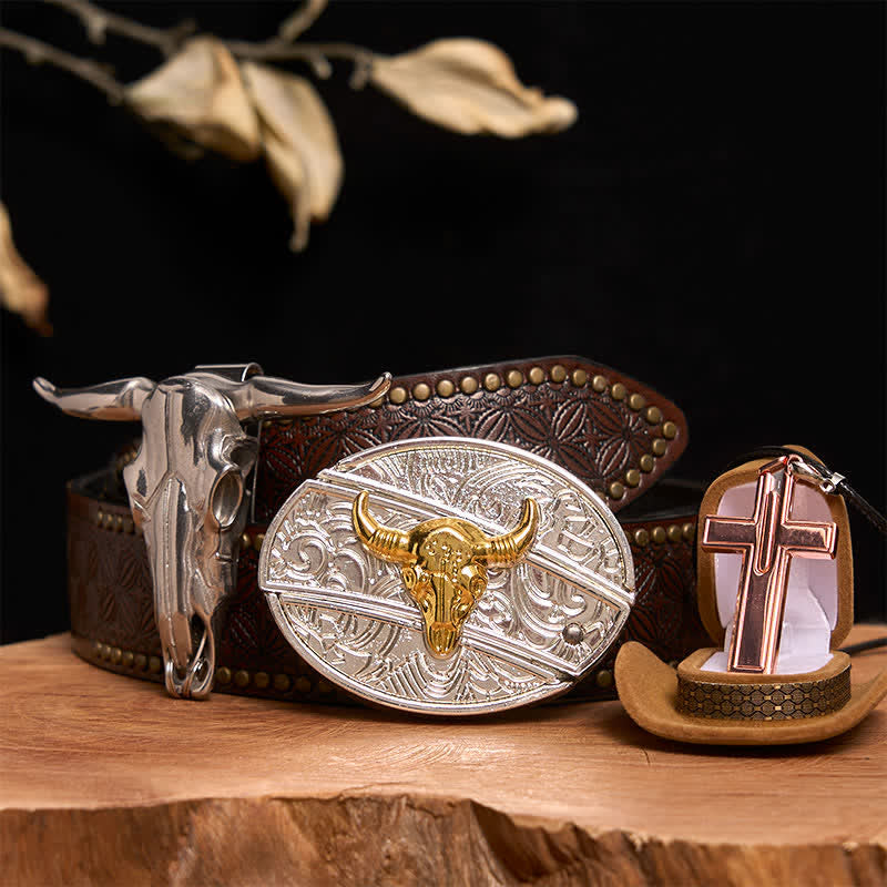 Conjunto de collar y hebilla de cinturón con cruz, cuchillo oculto y toro dorado y plateado - Toro de oro y plata - Cinturón con remaches marrones - 42 - image 4