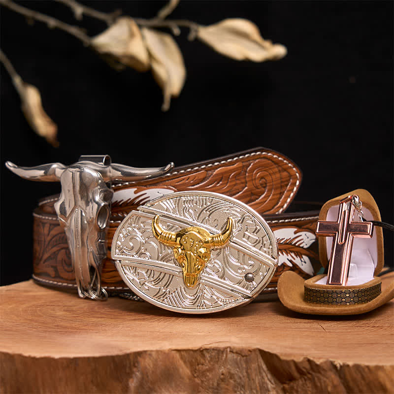 Conjunto de collar y hebilla de cinturón con cruz, cuchillo oculto y toro dorado y plateado - Toro de oro y plata - Cinturón de plumas marrones - 40 - image 1