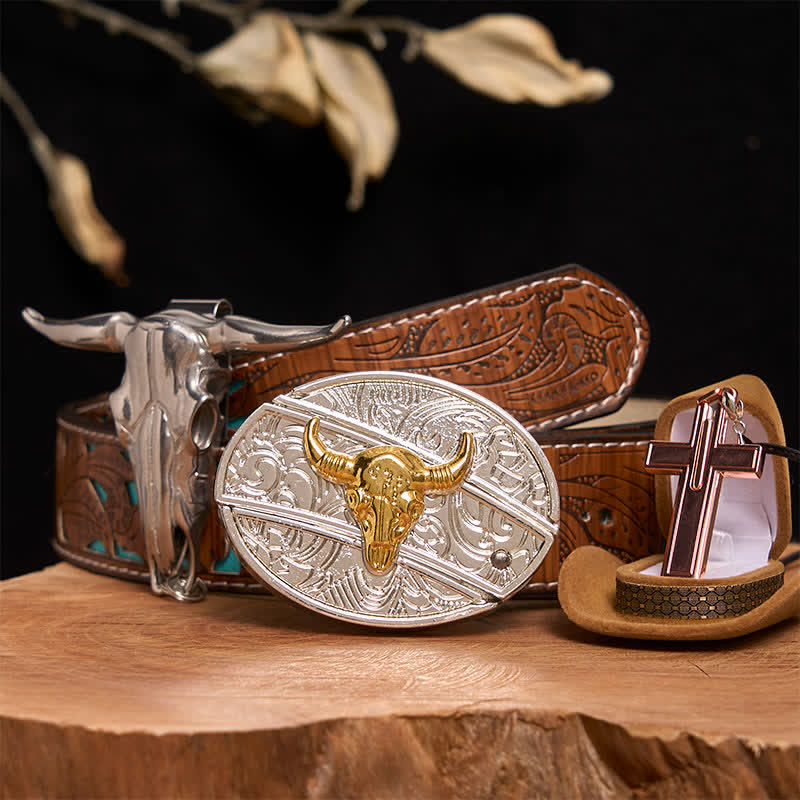 Conjunto de collar y hebilla de cinturón con cruz, cuchillo oculto y toro dorado y plateado - Toro de oro y plata - Cinturón tallado en turquesa - 42 - image 3
