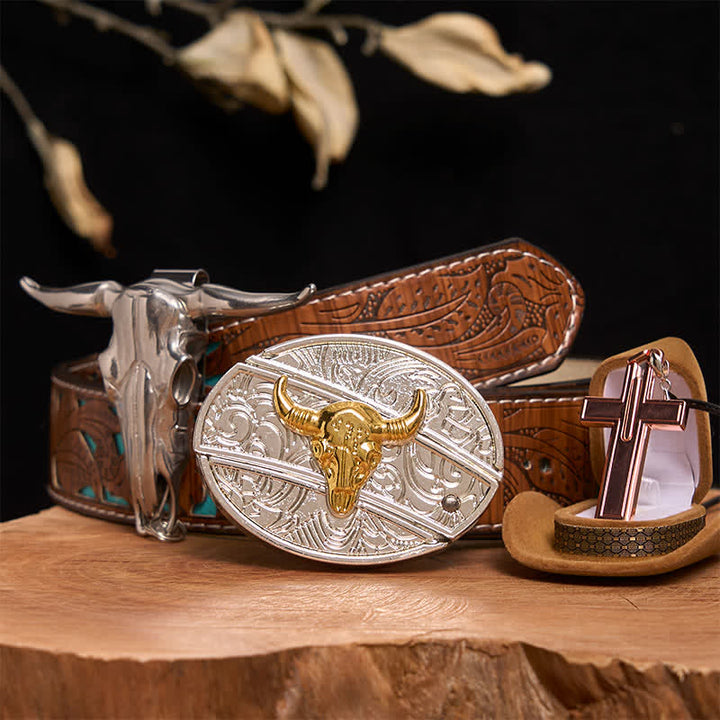Conjunto de collar y hebilla de cinturón con cruz, cuchillo oculto y toro dorado y plateado - Toro de oro y plata - Cinturón tallado en turquesa - 42 - image 3