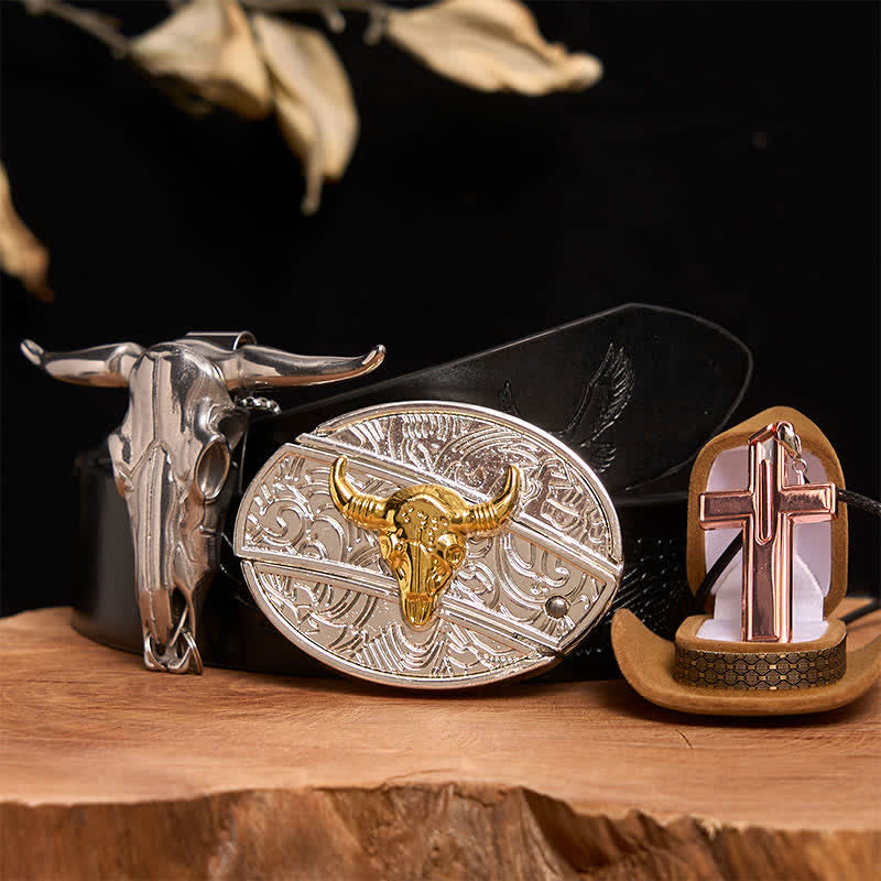 Conjunto de collar y hebilla de cinturón con cruz, cuchillo oculto y toro dorado y plateado - Toro de oro y plata - Cinturón de águila negra en relieve - 42 - image 3