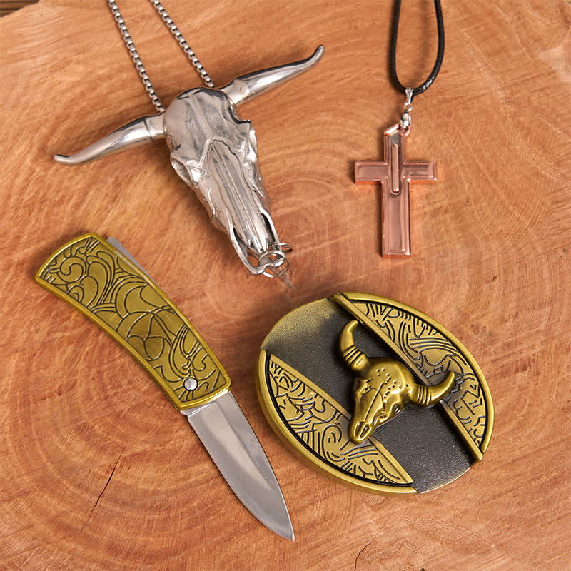 Conjunto de collar y hebilla de cinturón con cruz y cuchillo oculto de bronce de toro - image 3