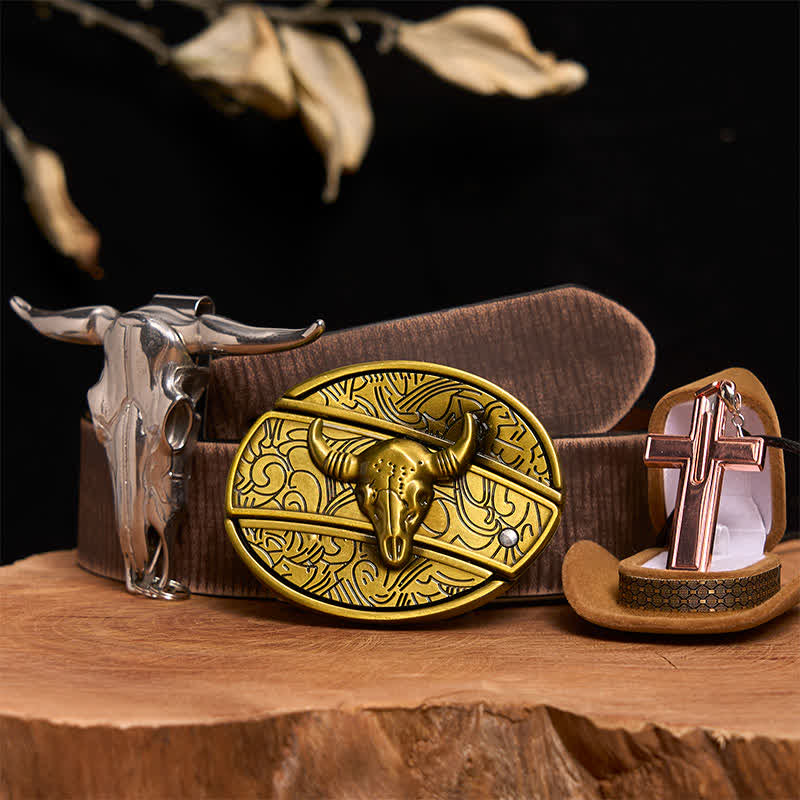 Conjunto de collar y hebilla de cinturón con cruz y cuchillo oculto de bronce de toro - Toro de bronce - Cinturón marrón desgastado - 42 - image 6