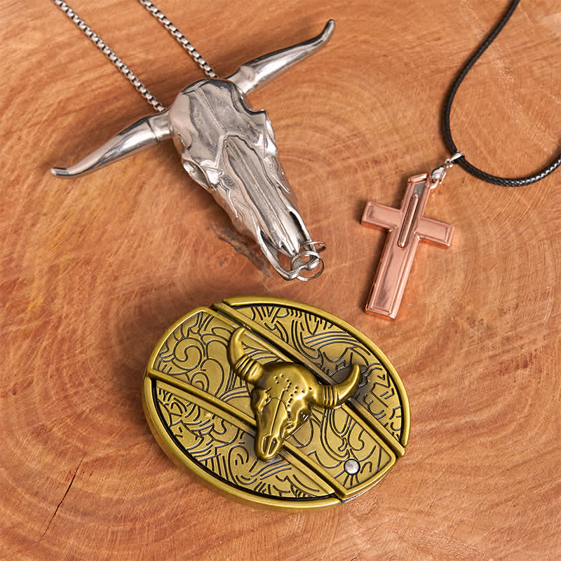 Conjunto de collar y hebilla de cinturón con cruz y cuchillo oculto de bronce de toro - Toro de bronce - Sin cinturón - No incluye cinturón - image 2
