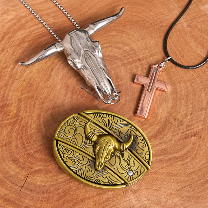 Conjunto de collar y hebilla de cinturón con cruz y cuchillo oculto de bronce de toro - Toro de bronce - Sin cinturón - No incluye cinturón - image 2